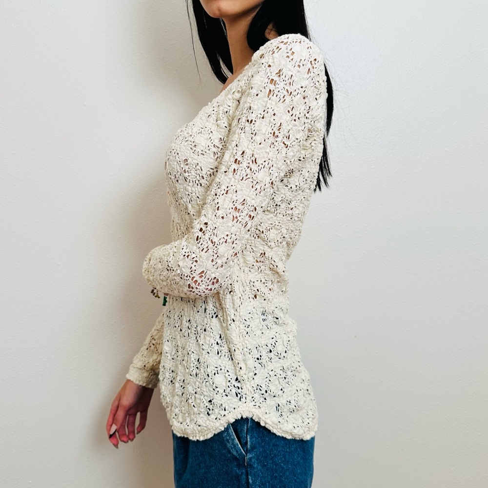 Free People Floral Pattern Lace Long Sleeve Ivory Casual Blouse Top Boho